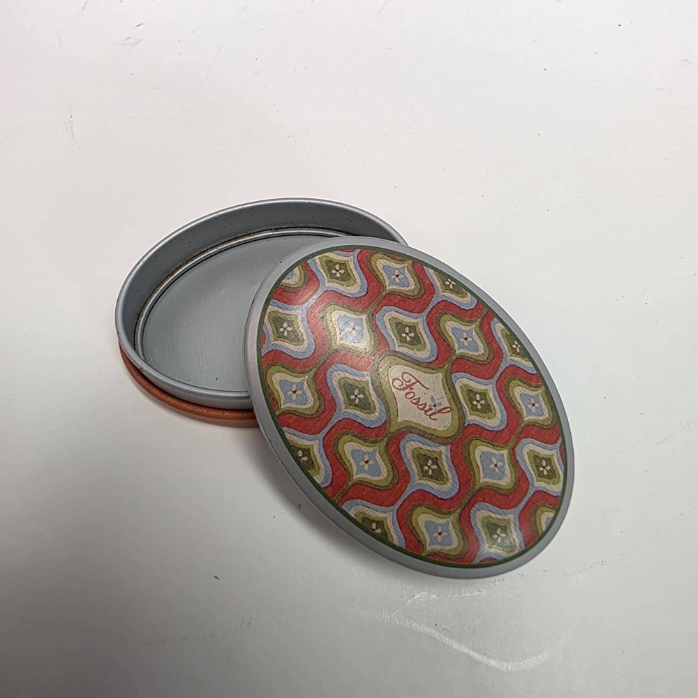Fossil Tin Oval Collectible Container Red Geometric Pattern 2003